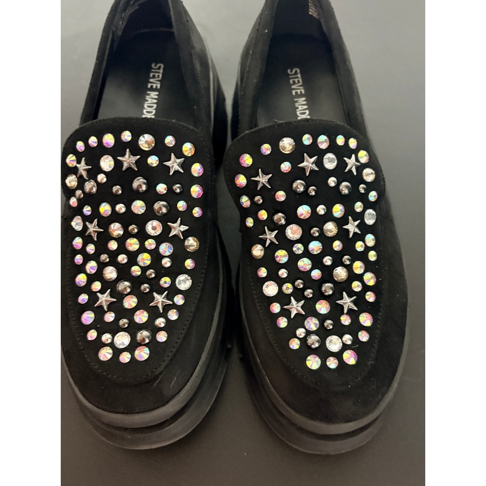 Steve Madden JLOOSY Black Rhinestone Star Studded Platform Lug Sole Loafers 4M - Picture 6 of 12